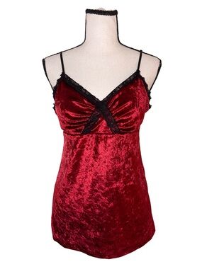 True Freedom Red Velvet Black Lace Camisole Tank Top Size L Y2K Romantic Goth